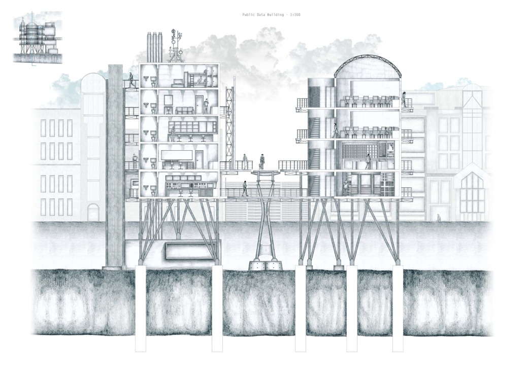 hand-drawn long section of the public data building